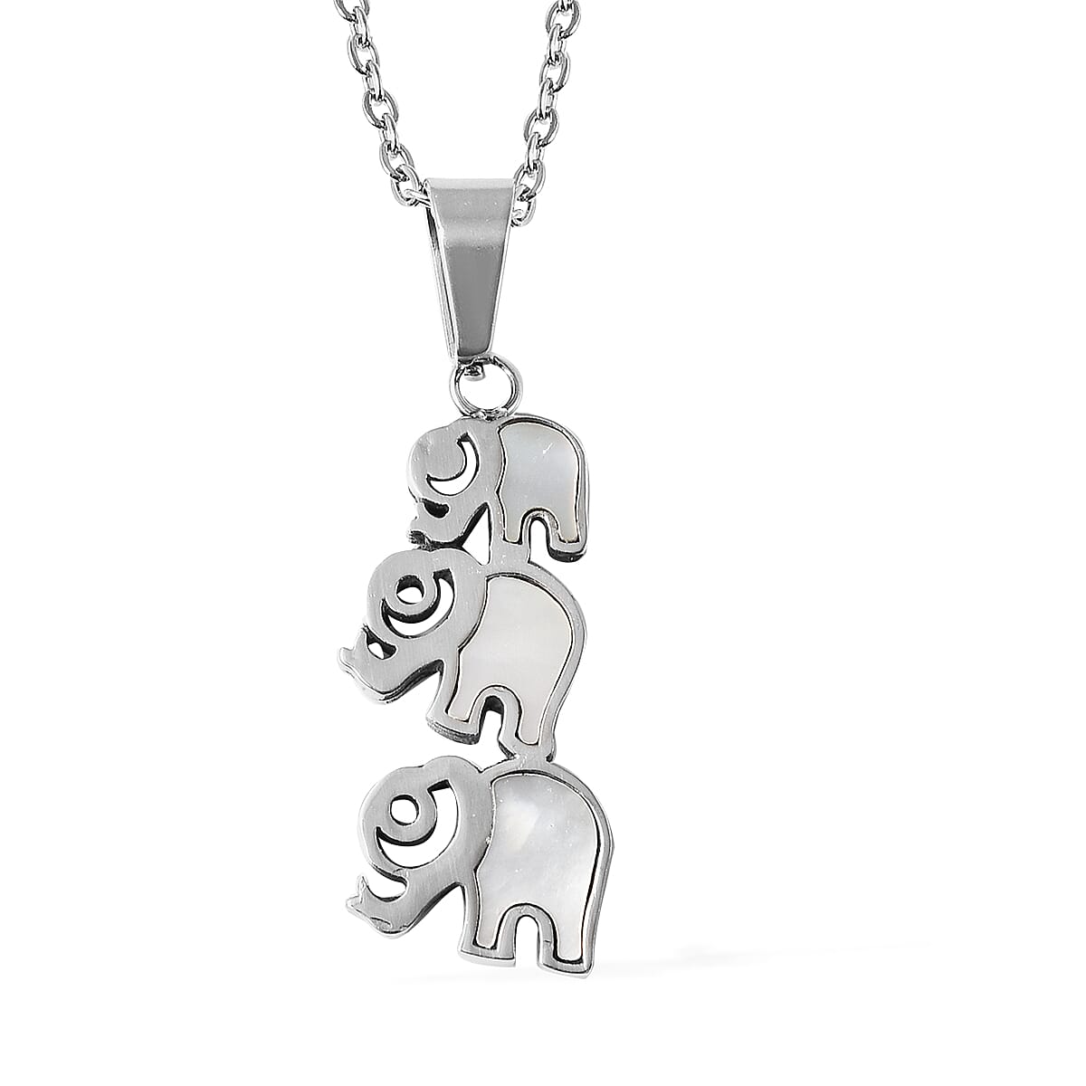 2 Piece Set -  White Mother of Pearl Elephant Necklace (Size 20) and Earrings (with Push Back) in Stainless Steel