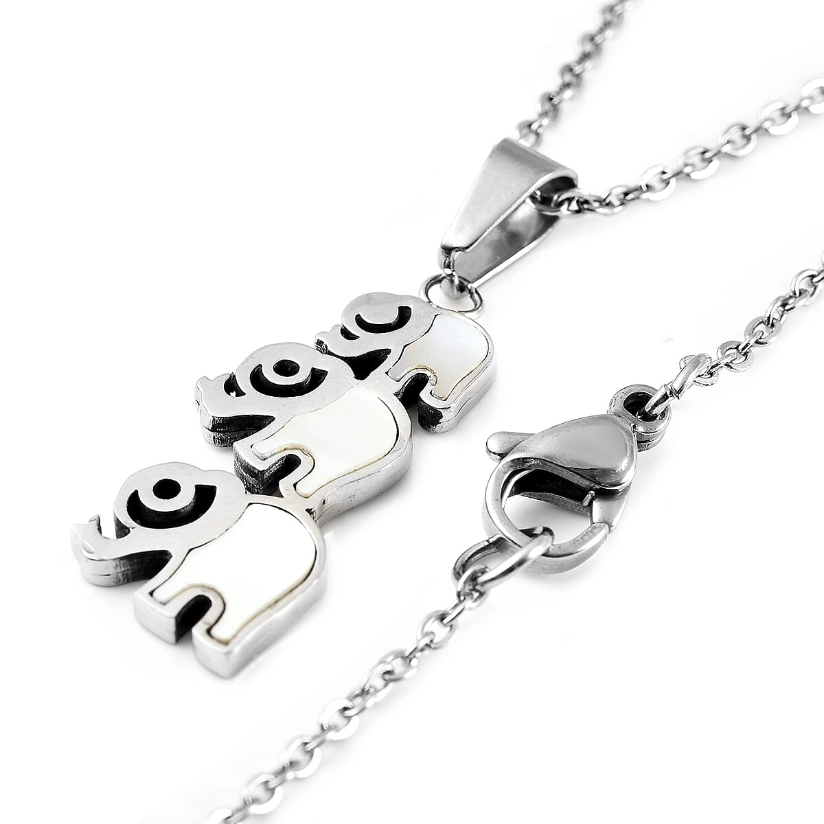 2 Piece Set -  White Mother of Pearl Elephant Necklace (Size 20) and Earrings (with Push Back) in Stainless Steel