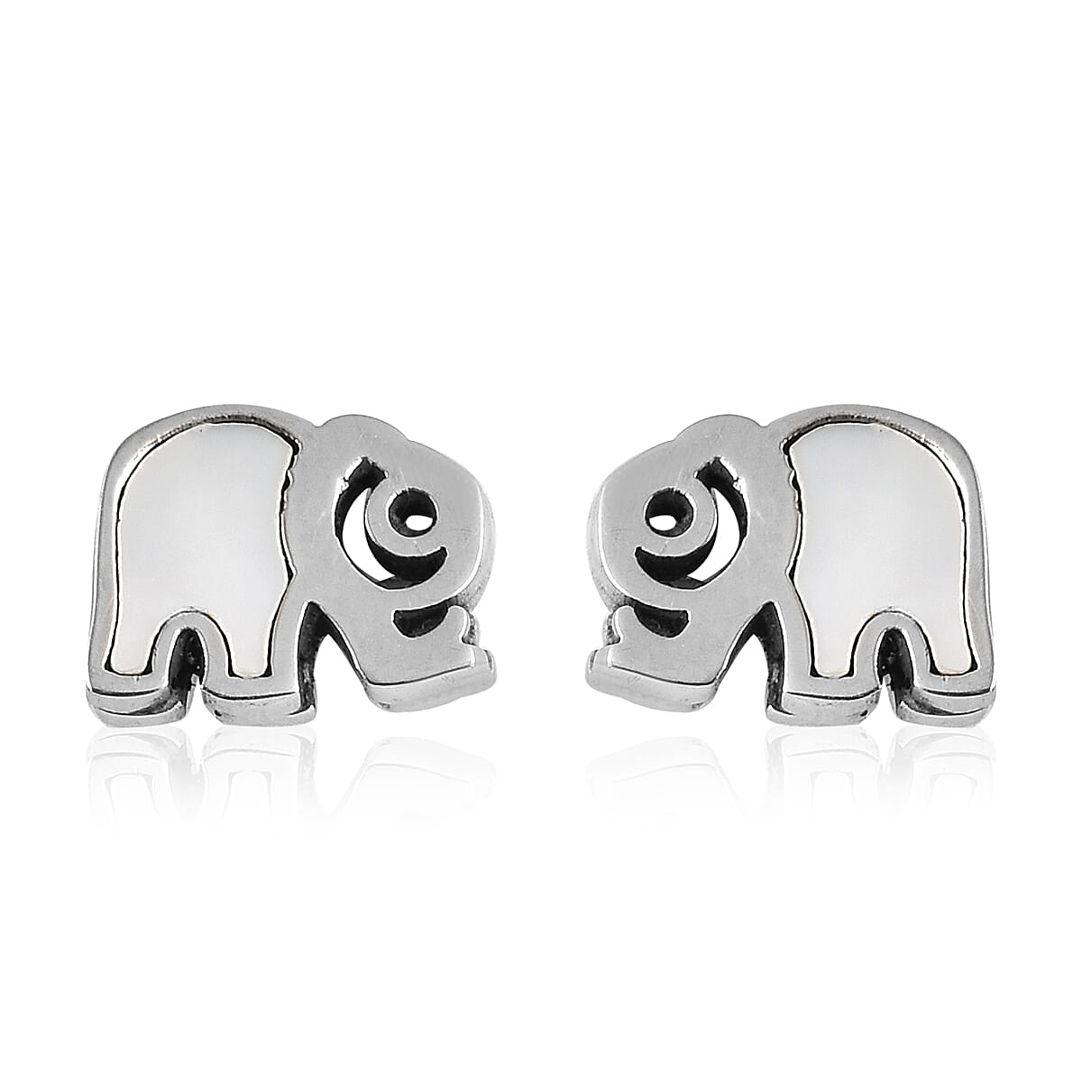 2 Piece Set -  White Mother of Pearl Elephant Necklace (Size 20) and Earrings (with Push Back) in Stainless Steel