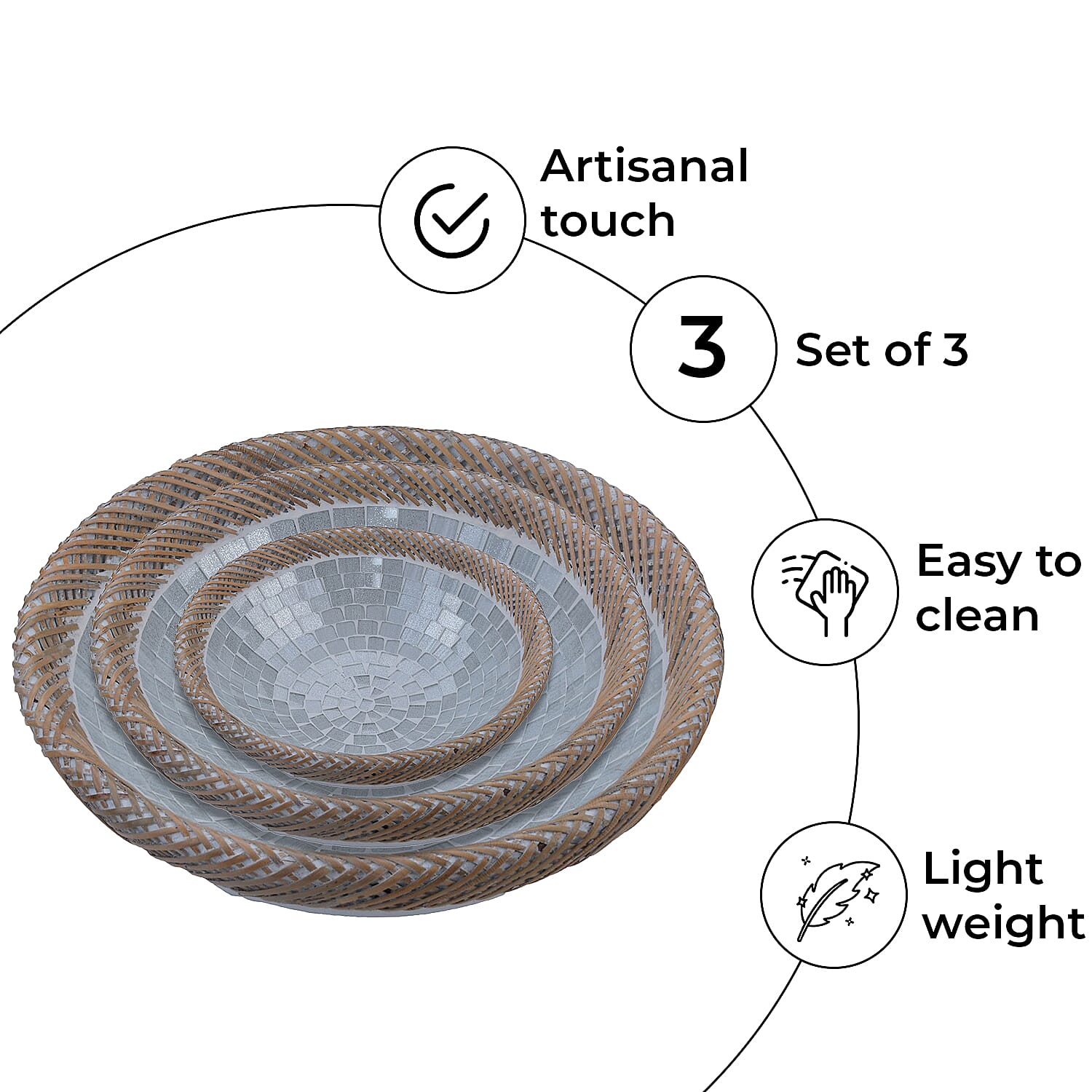 Set of 3 Mosaic Terracotta Round plate flower of life motif