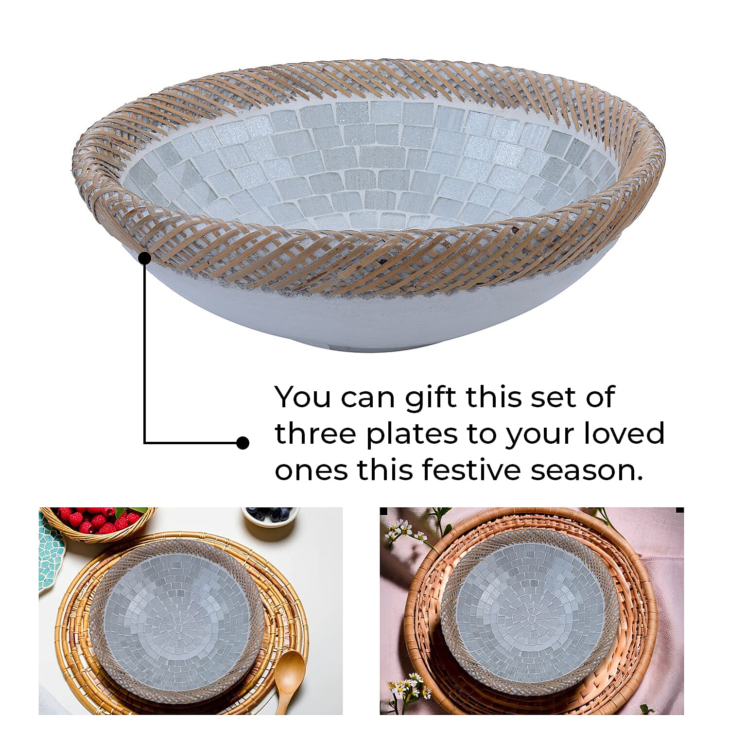 Set of 3 Mosaic Terracotta Round plate flower of life motif