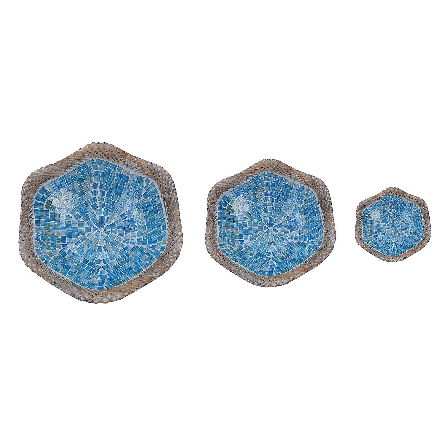 Set of 3 Mosaic Terracotta Handmade Rattan Bowl - Blue