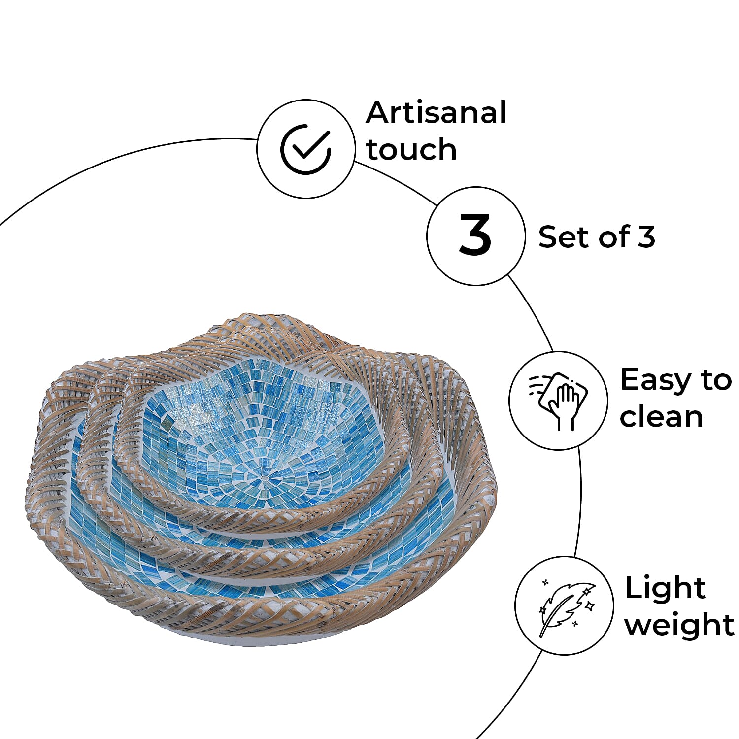 Set of 3 Mosaic Terracotta Handmade Rattan Bowl - Blue