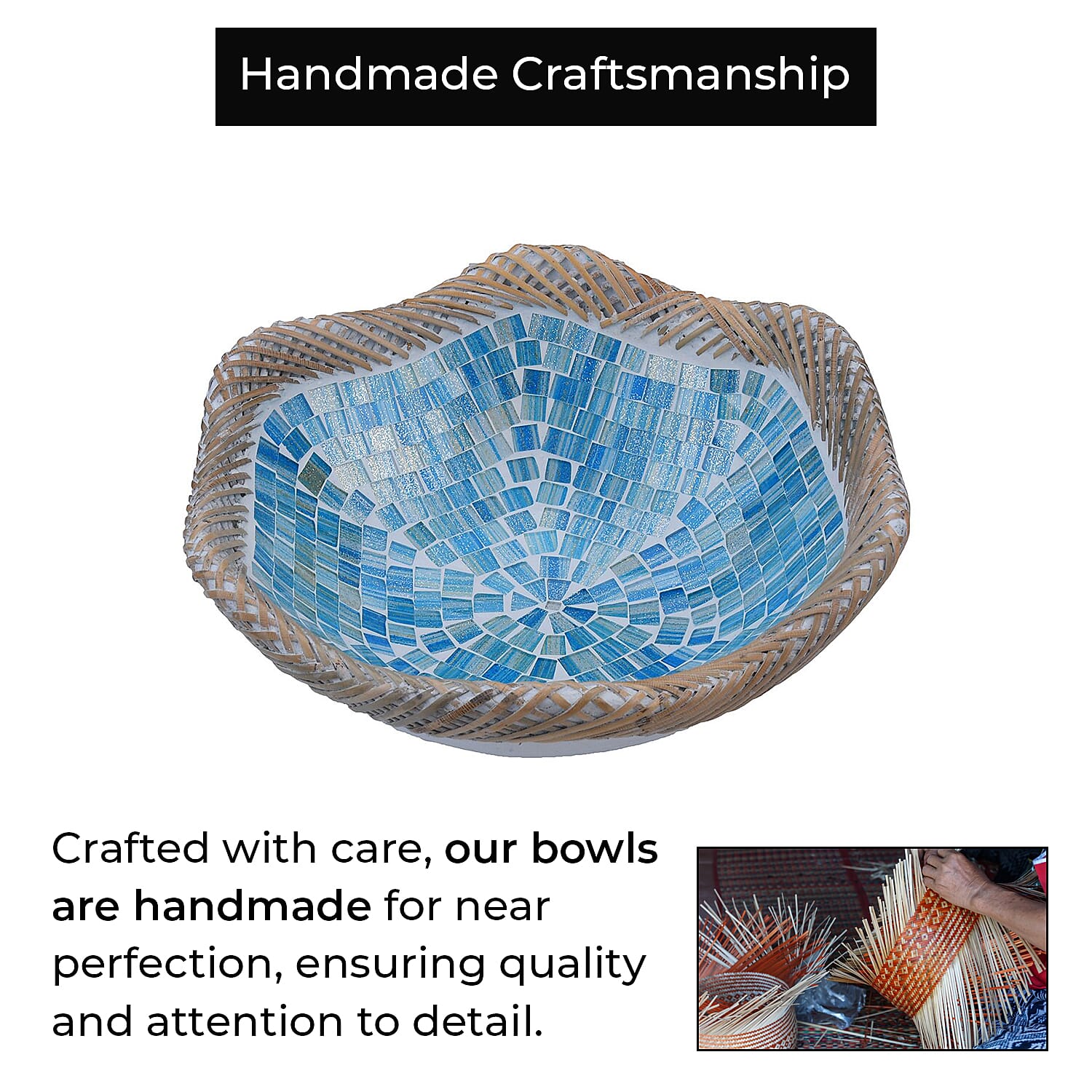 Set of 3 Mosaic Terracotta Handmade Rattan Bowl - Blue