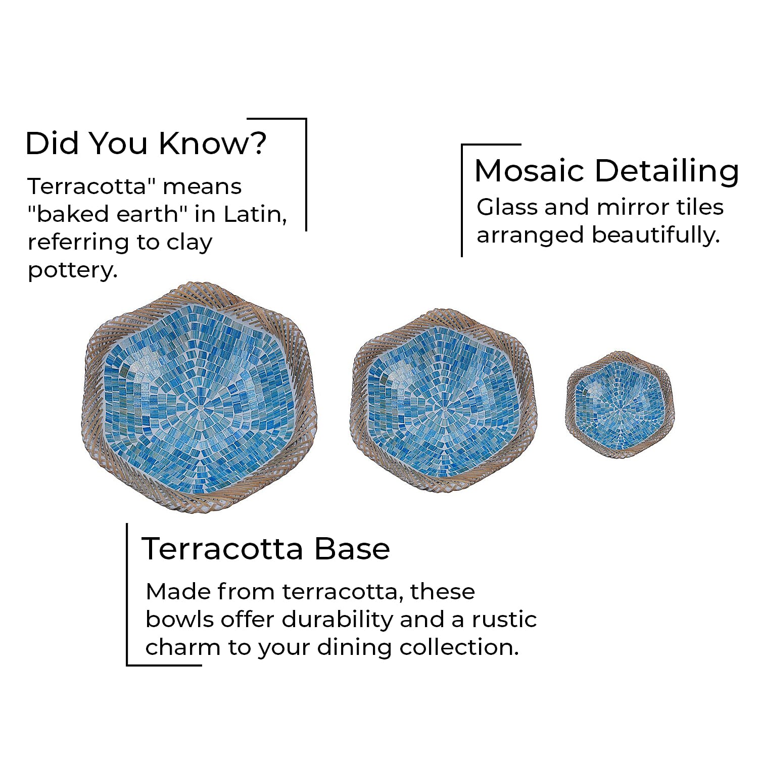 Set of 3 Mosaic Terracotta Handmade Rattan Bowl - Blue