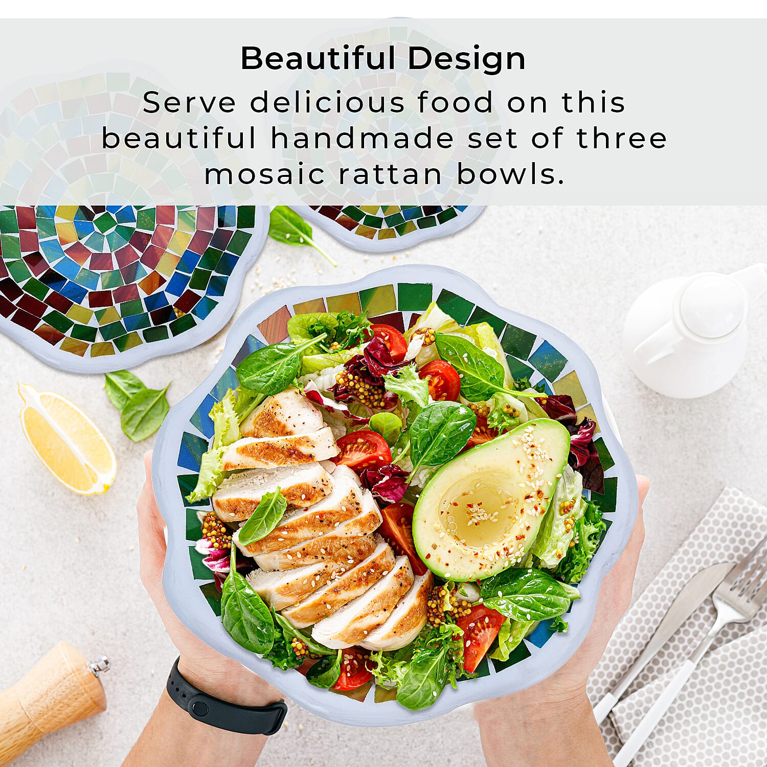 Set of 3 Handmade Mosaic Terracotta Rattan Bowl - Multi