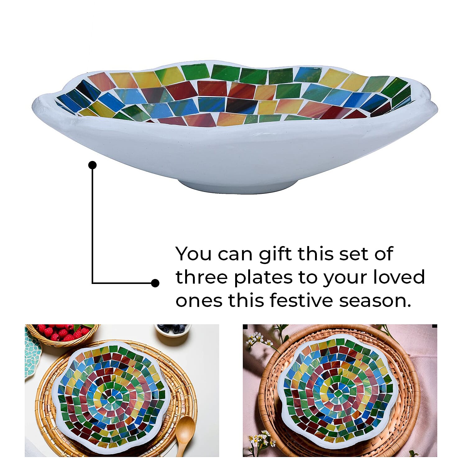 Set of 3 Handmade Mosaic Terracotta Rattan Bowl - Multi