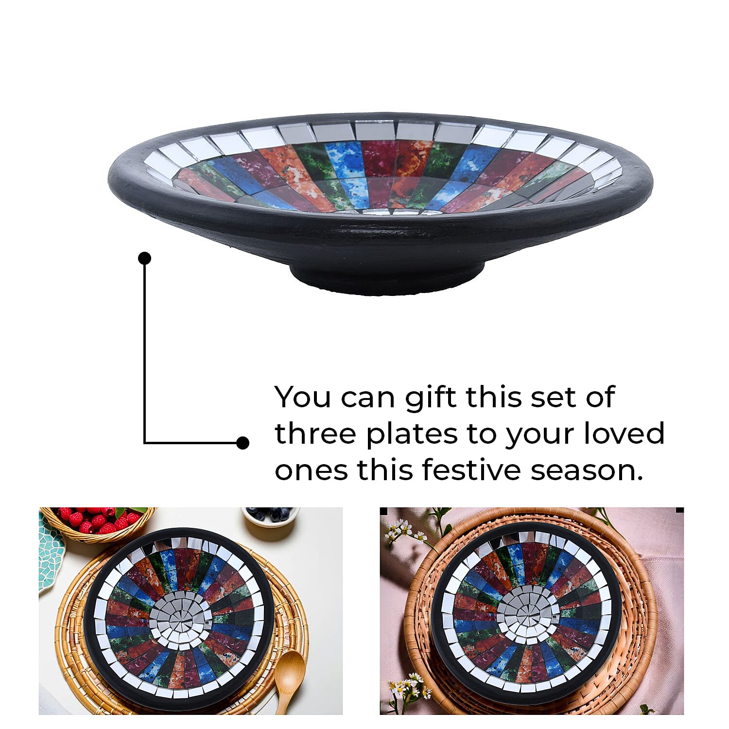 Set of 3 Mosaic Terracotta Round plate flower of life motif