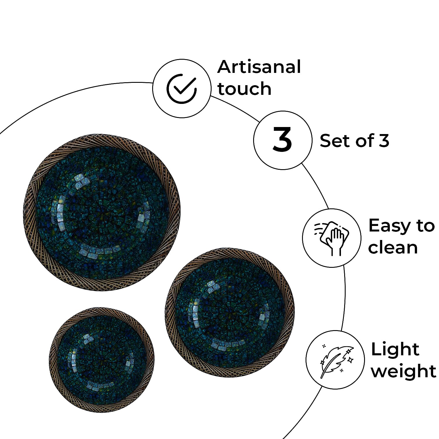 Set of 3 Mosaic Terracotta Handmade Rattan Bowl - Teal