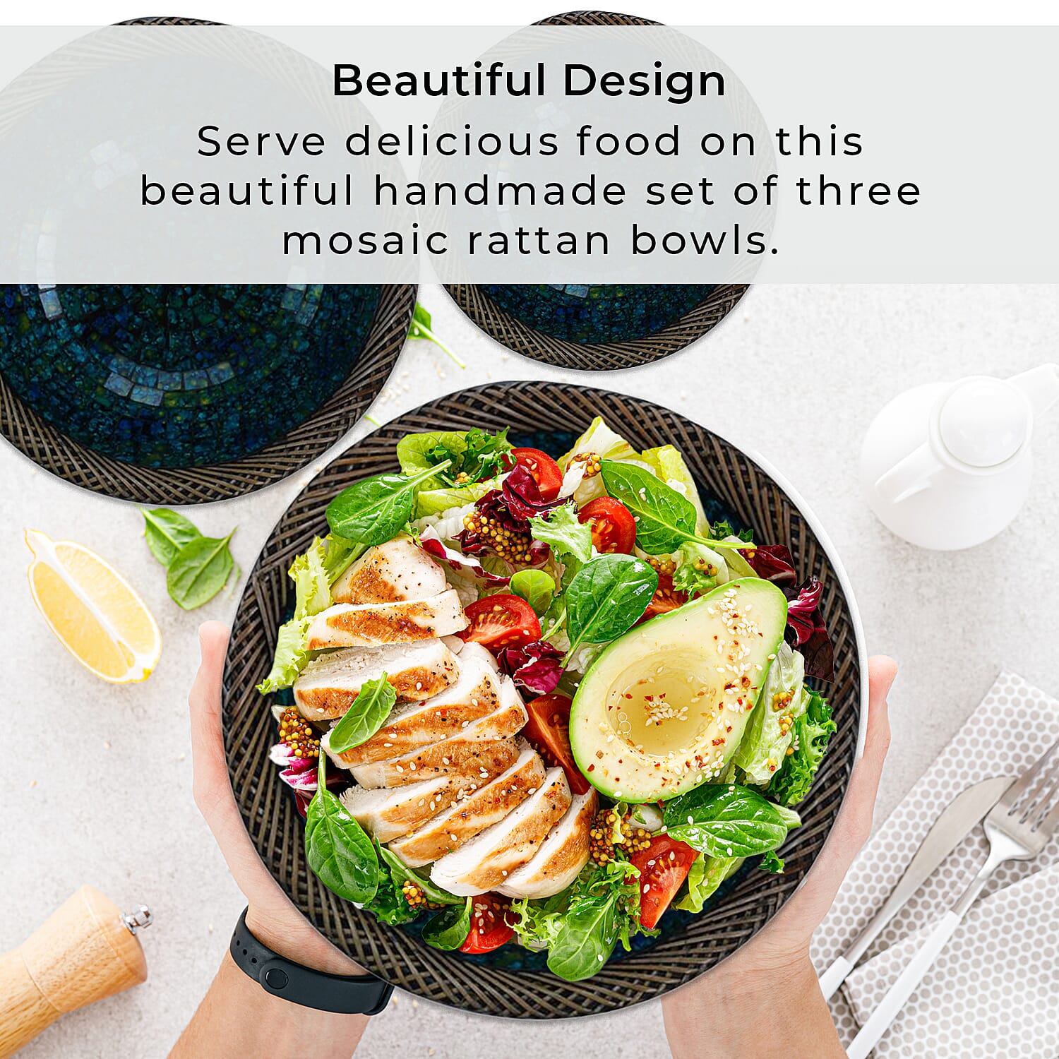 Set of 3 Mosaic Terracotta Handmade Rattan Bowl - Teal