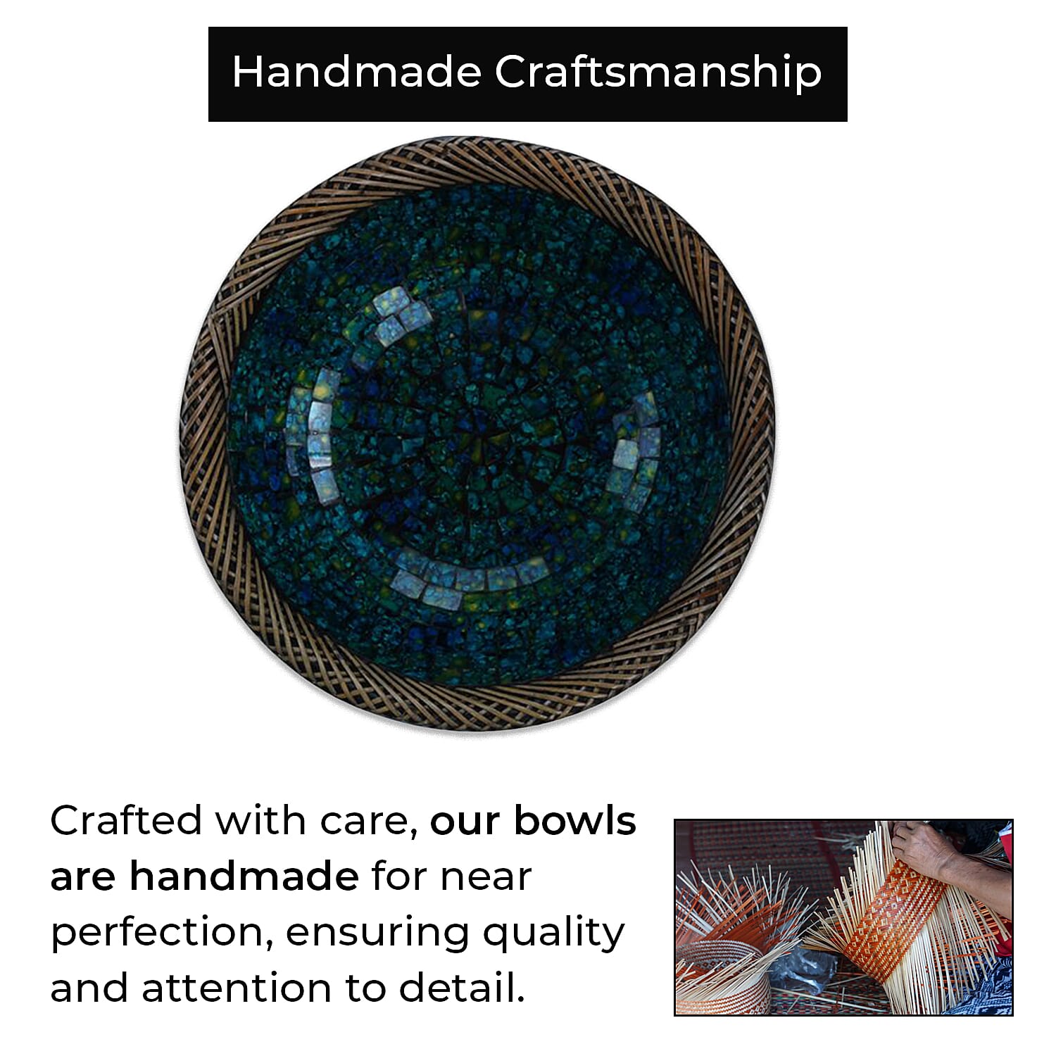 Set of 3 Mosaic Terracotta Handmade Rattan Bowl - Teal