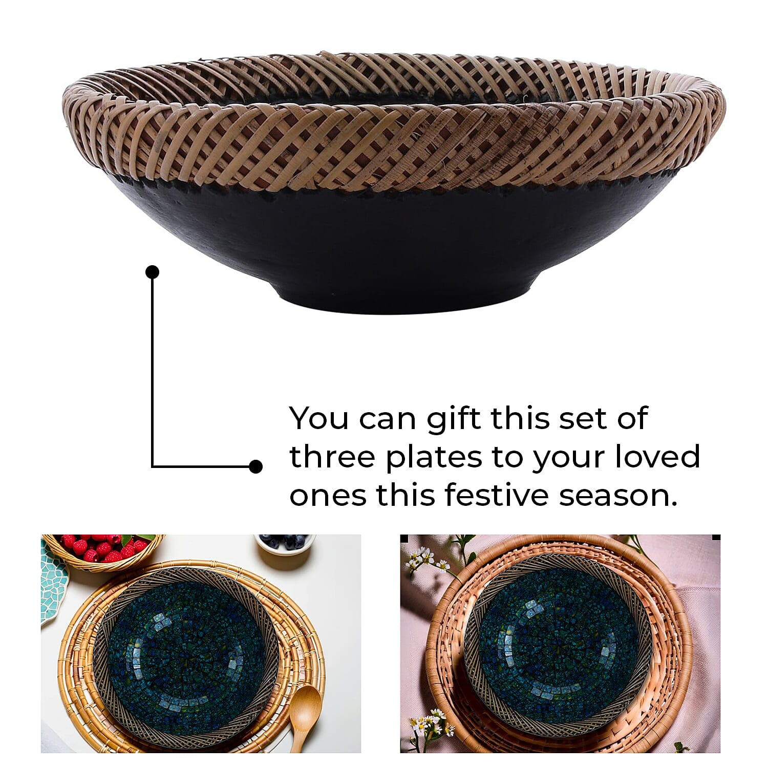 Set of 3 Mosaic Terracotta Handmade Rattan Bowl - Teal