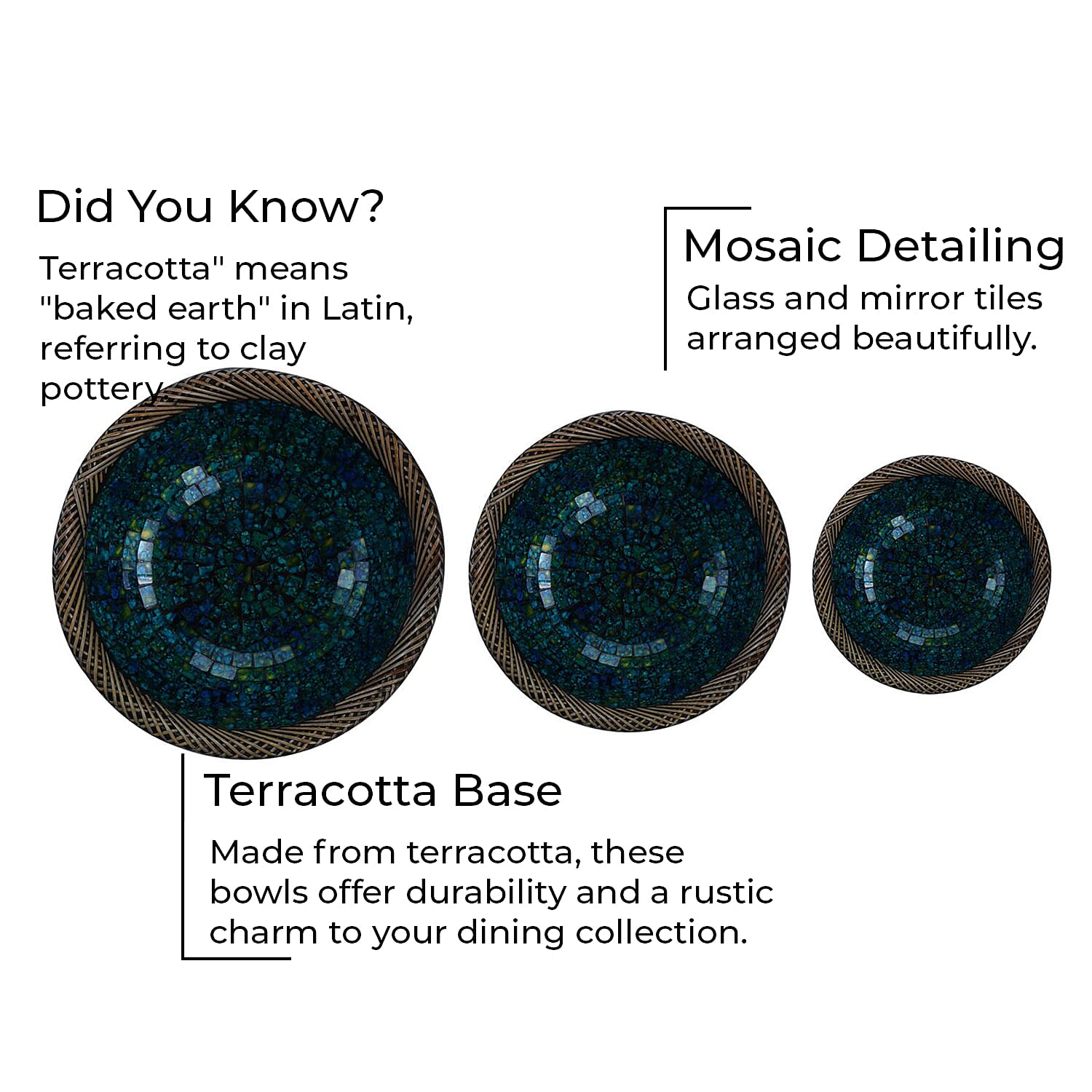 Set of 3 Mosaic Terracotta Handmade Rattan Bowl - Teal