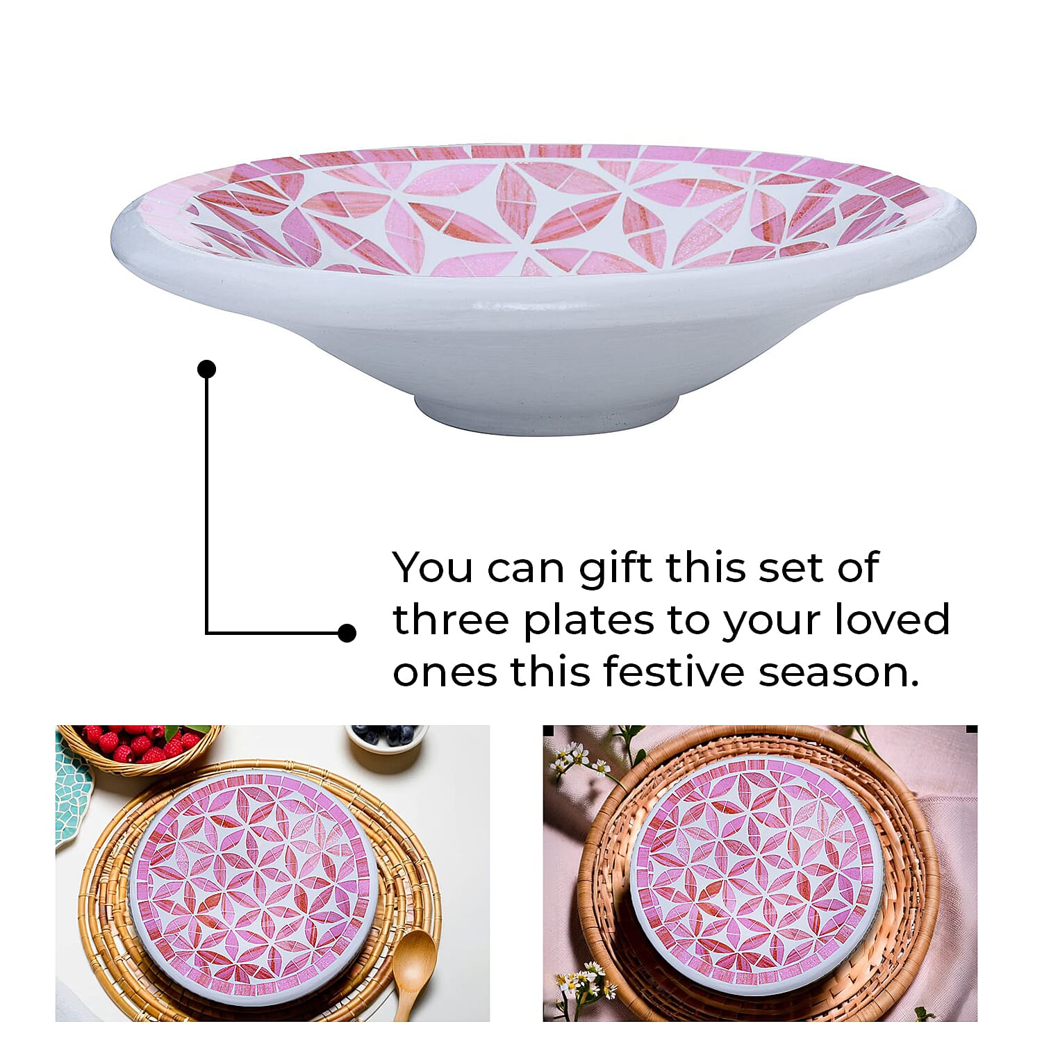 Set of 3 Handmade Mosaic Terracotta Round Bowl - Pink