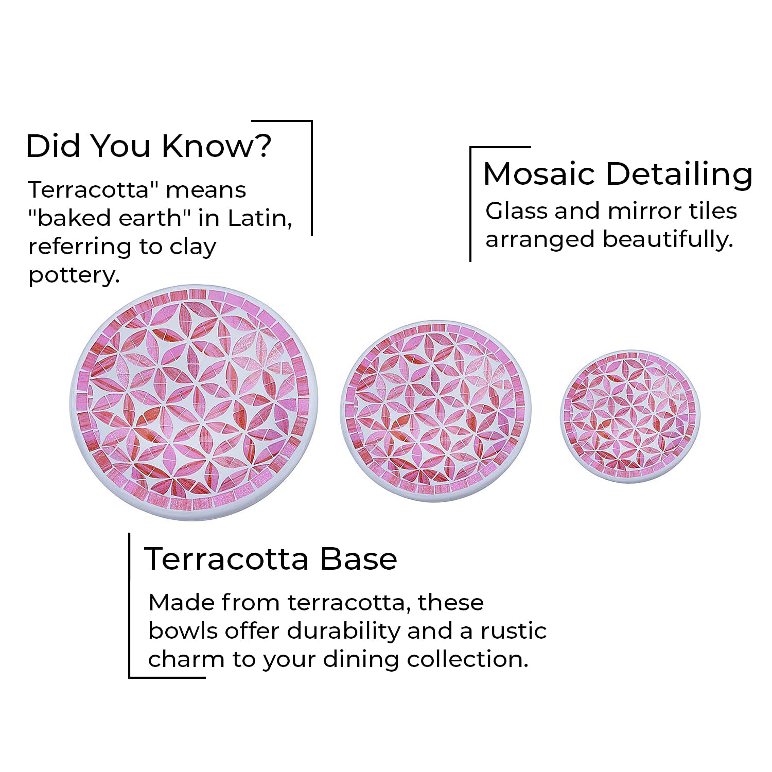 Set of 3 Handmade Mosaic Terracotta Round Bowl - Pink
