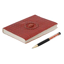 Handmade Embossed Leather Diary with Carnelian Gemstone Filled Ball Pen - Brown