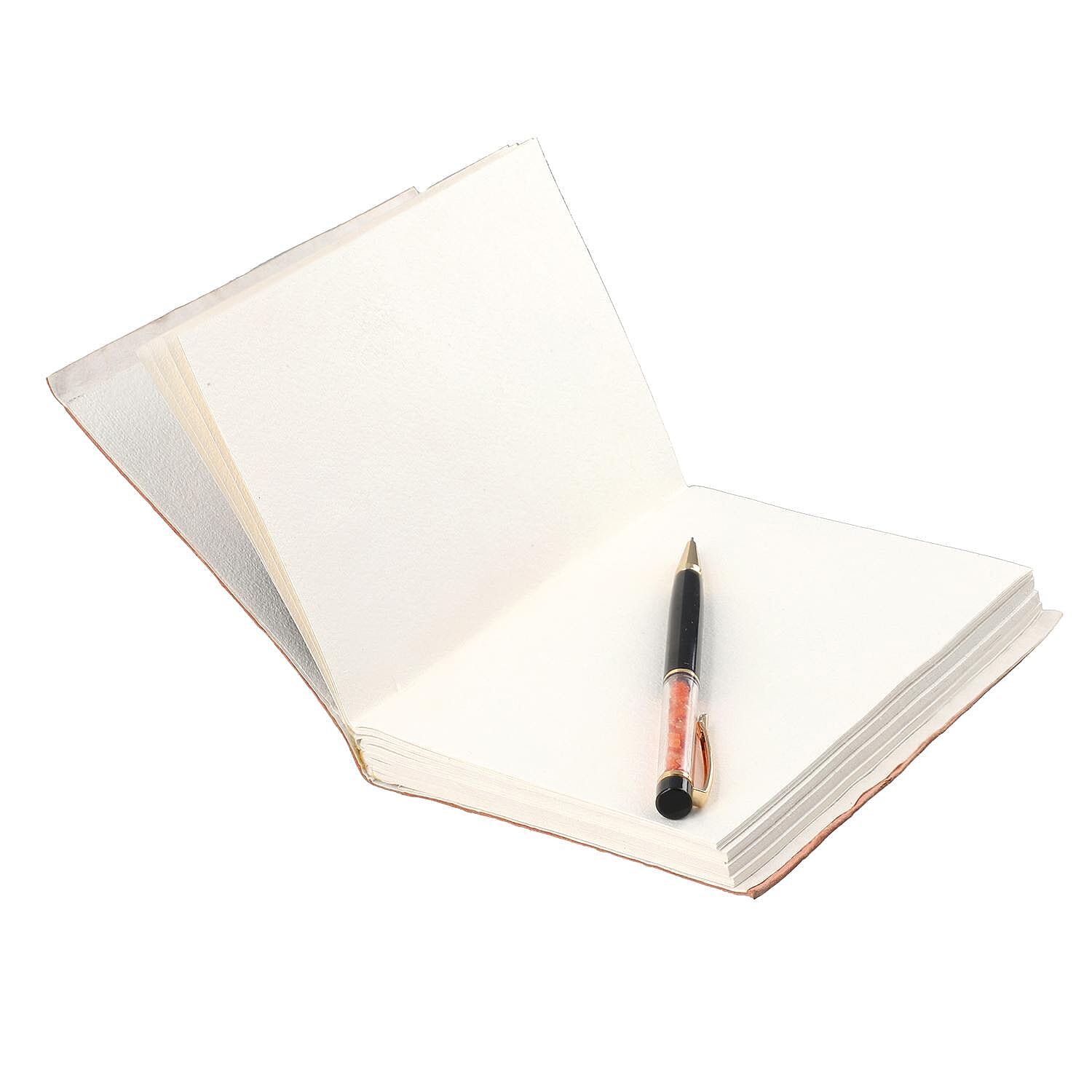 Handmade Embossed Leather Diary with Carnelian Gemstone Filled Ball Pen - Brown