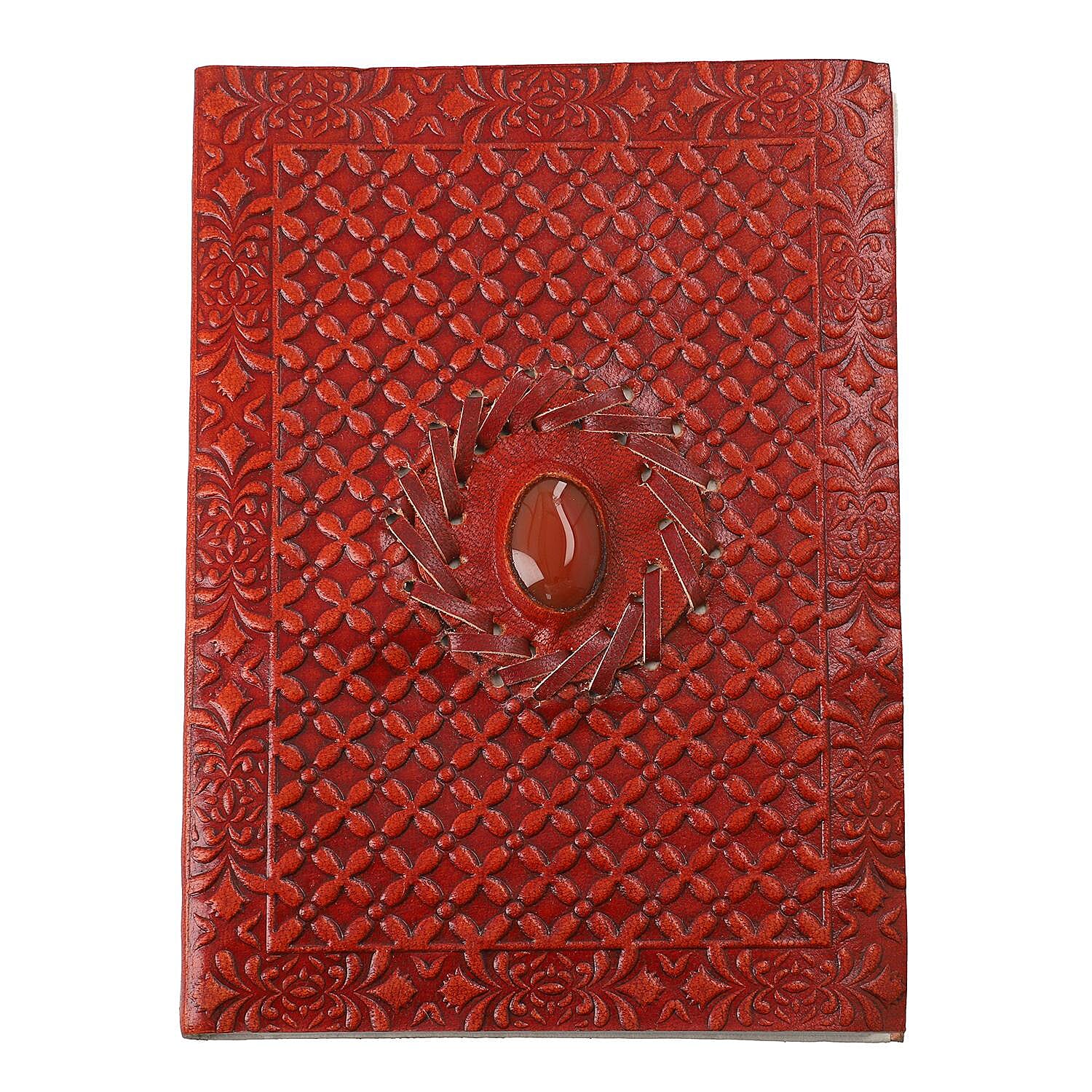 Handmade Embossed Leather Diary with Carnelian Gemstone Filled Ball Pen - Brown