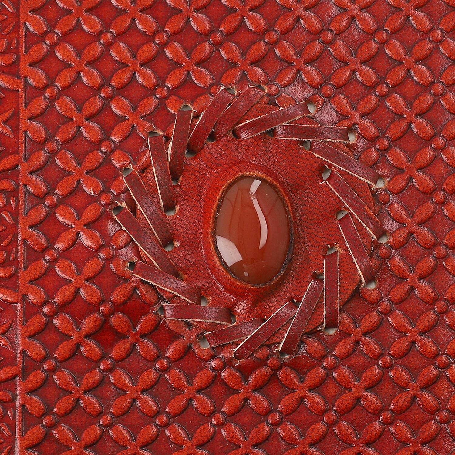 Handmade Embossed Leather Diary with Carnelian Gemstone Filled Ball Pen - Brown
