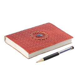Handmade Embossed Leather Diary with Carnelian Gemstone Filled Ball Pen - Brown