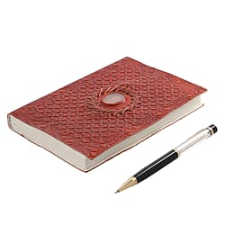 Handmade Embossed Leather Diary with Carnelian Gemstone Filled Ball Pen - Brown