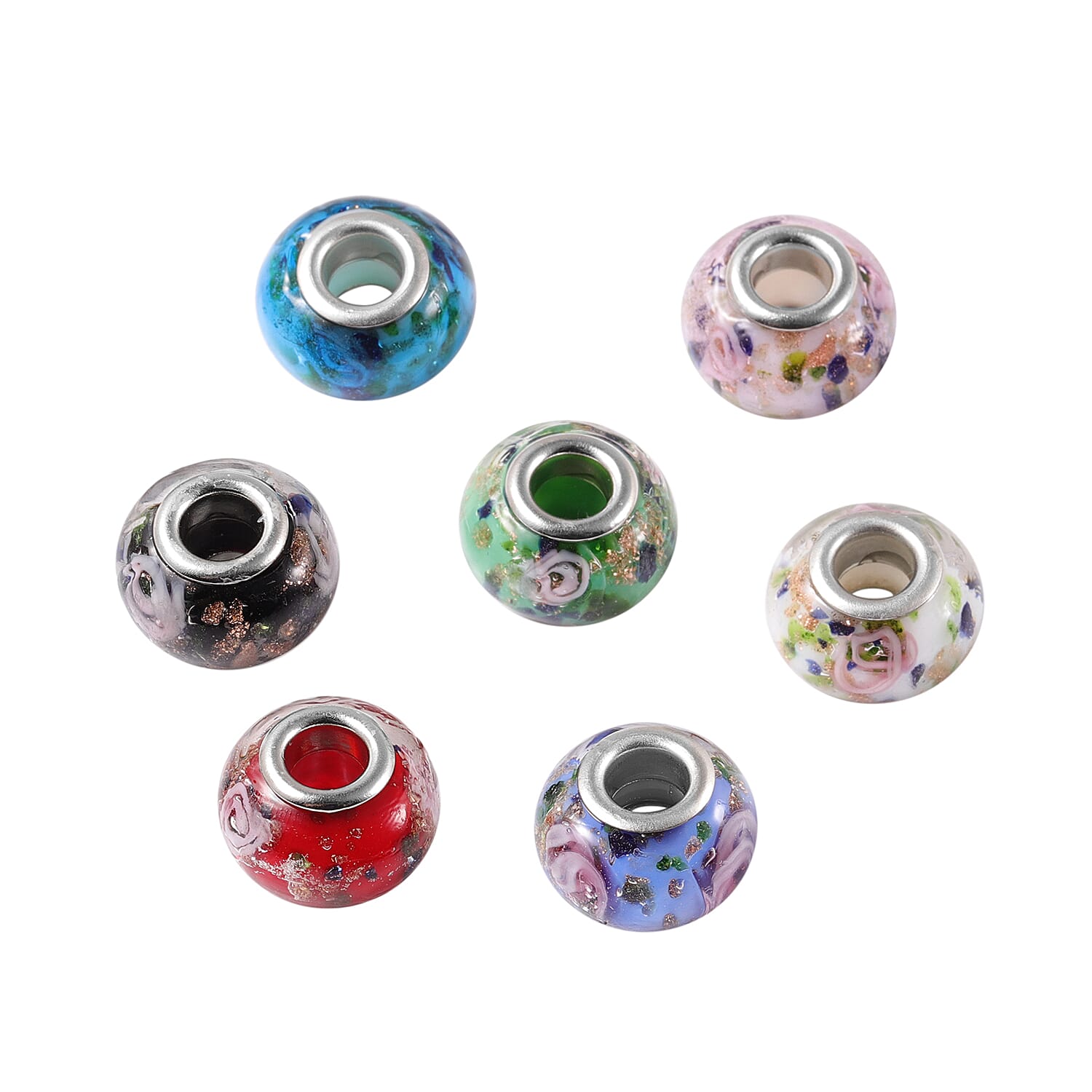 Set of 7 - Multi Colour Murano Glass Charms in Silver Tone