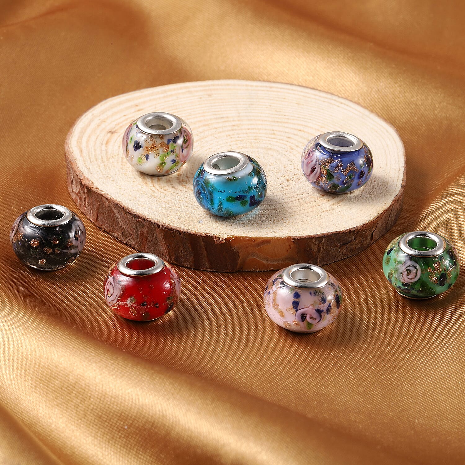 Set of 7 - Multi Colour Murano Glass Charms in Silver Tone