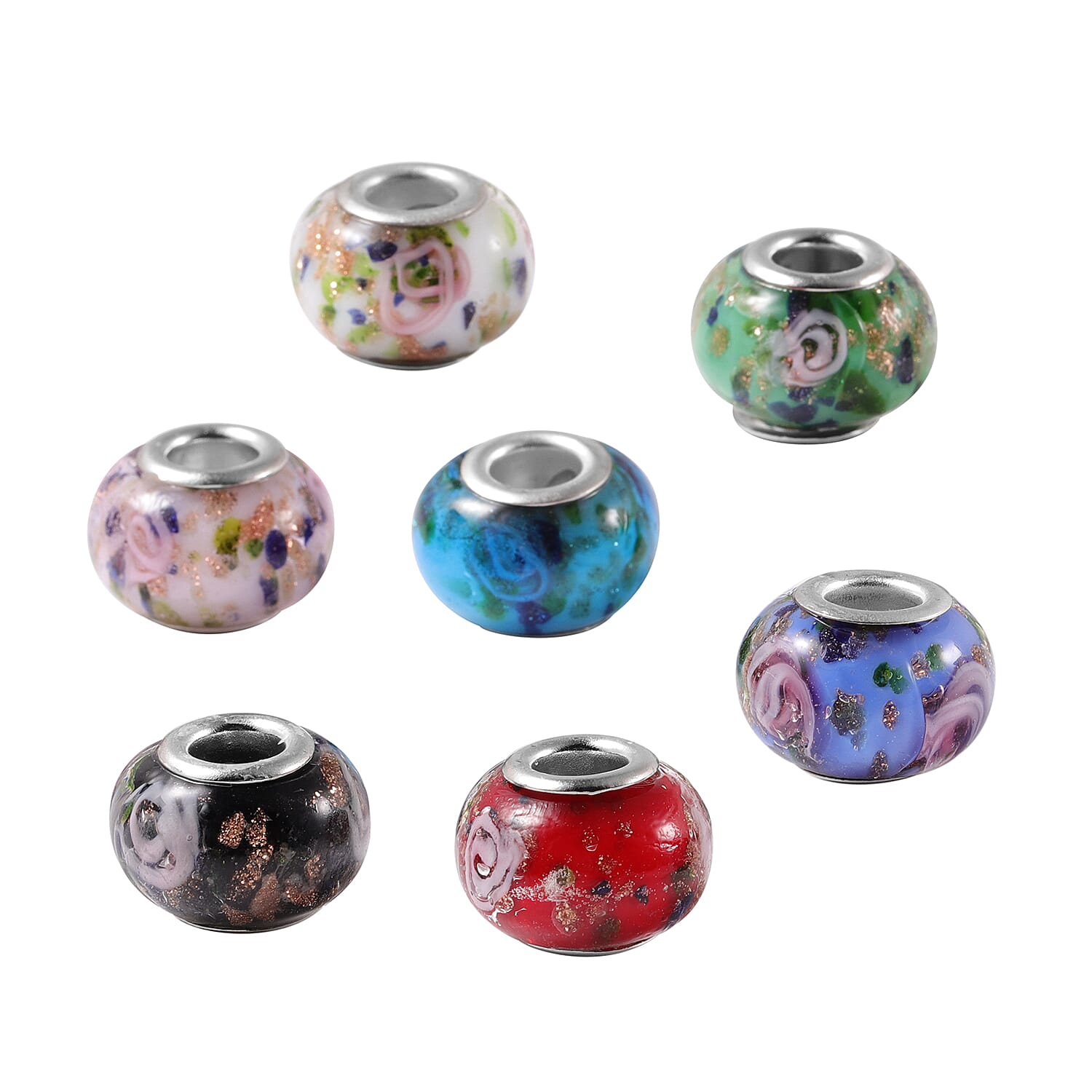 Set of 7 - Multi Colour Murano Glass Charms in Silver Tone