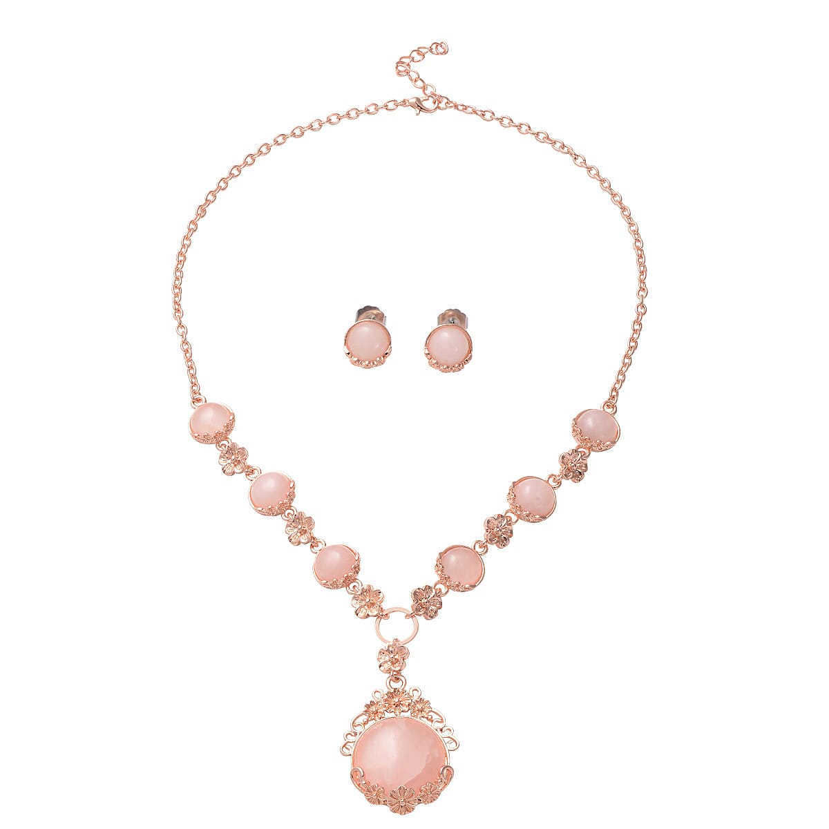 2 Piece Set -  Rose Quartz Station Necklace and Stud Earrings in Rose Gold Tone