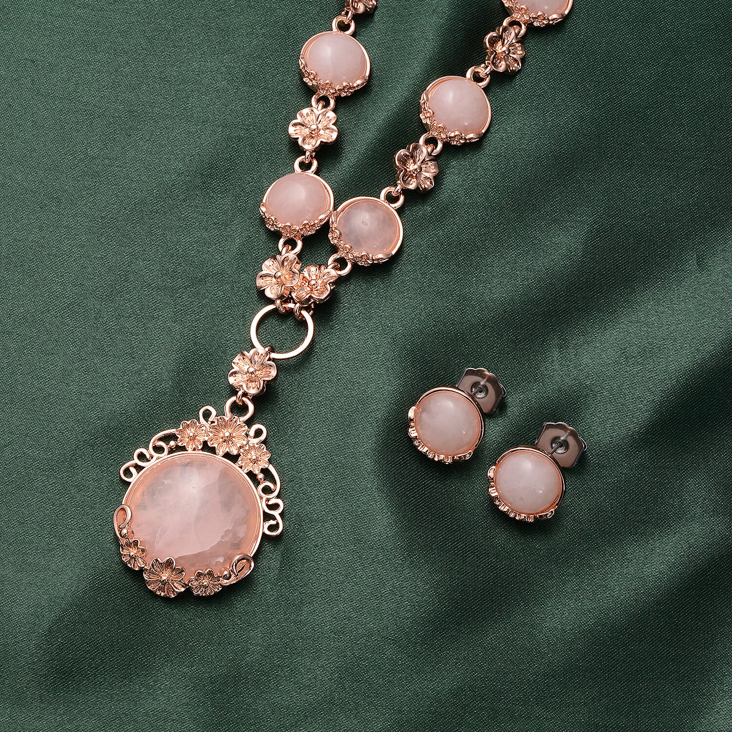 2 Piece Set -  Rose Quartz Station Necklace and Stud Earrings in Rose Gold Tone