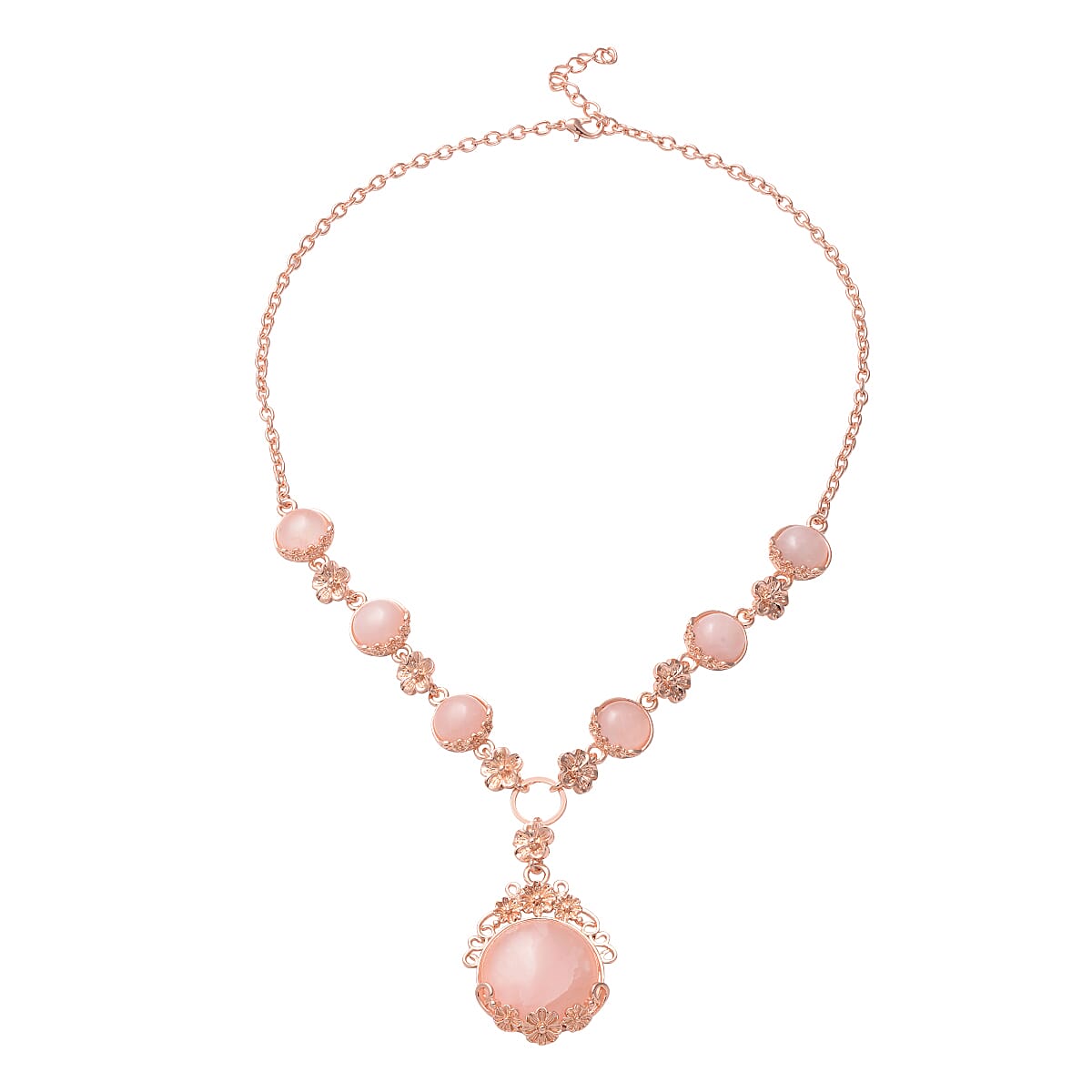 2 Piece Set -  Rose Quartz Station Necklace and Stud Earrings in Rose Gold Tone