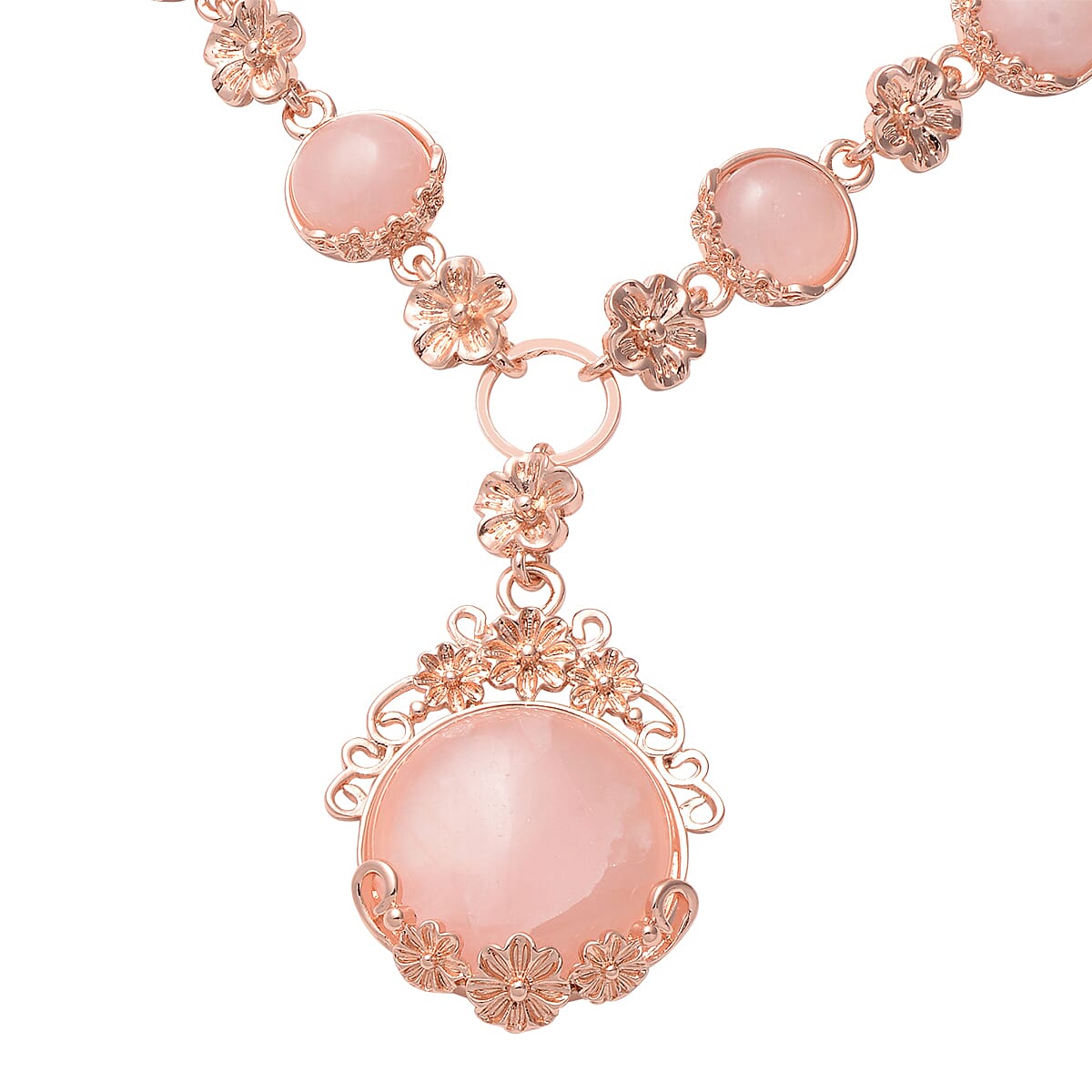 2 Piece Set -  Rose Quartz Station Necklace and Stud Earrings in Rose Gold Tone