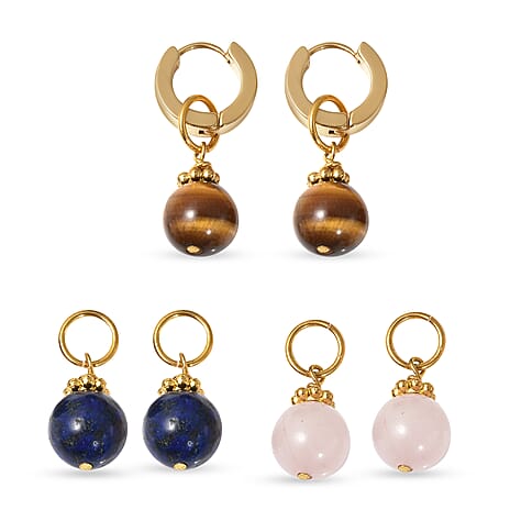 Set of 3 - Yellow Tiger Eye, Rose Quartz and Lapis Lazuli Detachable Earrings (with Clasp) in Gold Tone