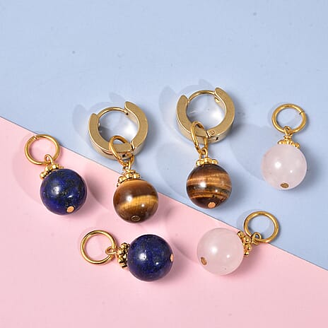 Set of 3 - Yellow Tiger Eye, Rose Quartz and Lapis Lazuli Detachable Earrings (with Clasp) in Gold Tone