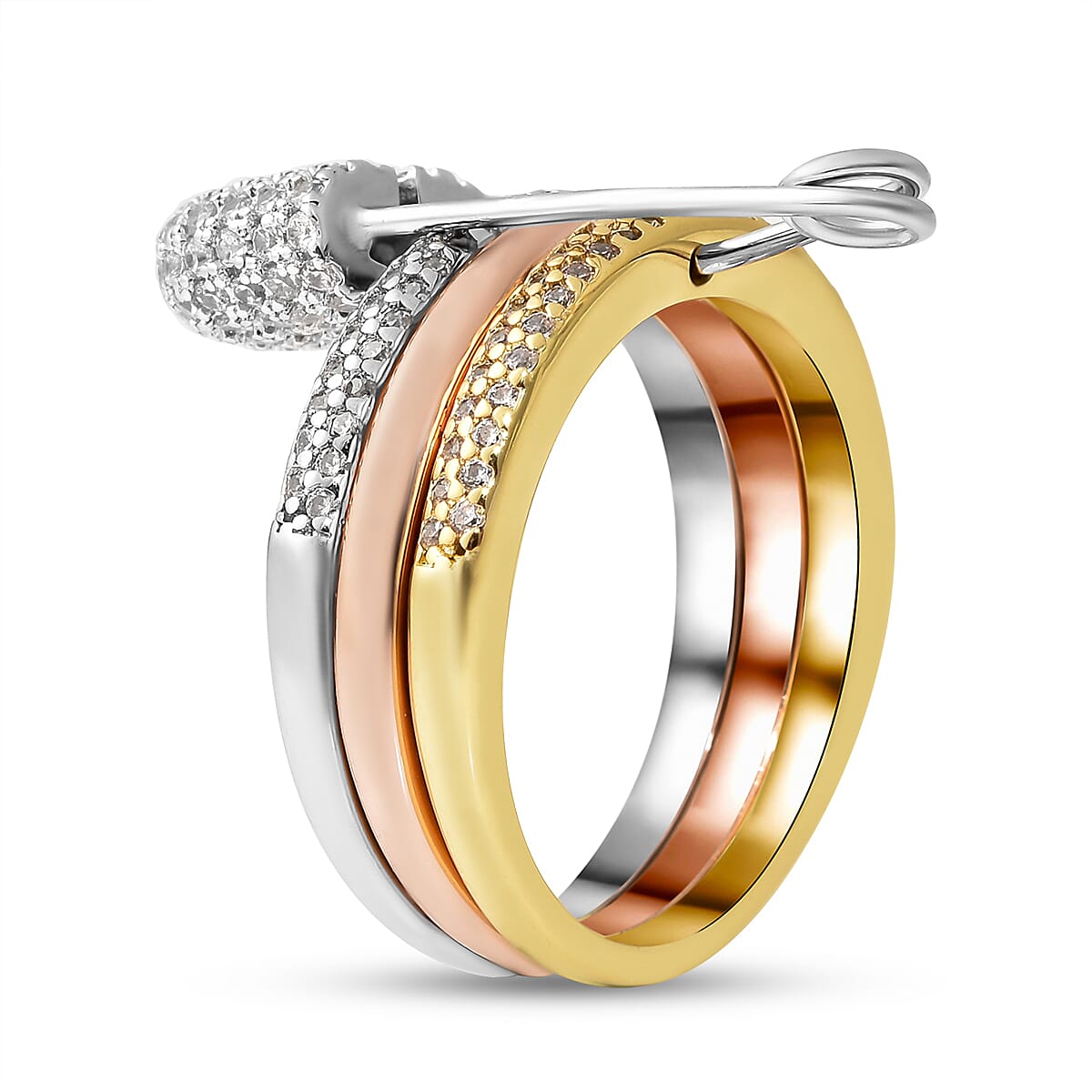 Set of 3 - Simulated Diamond Ring with Pin Hook in Tricolour Tone
