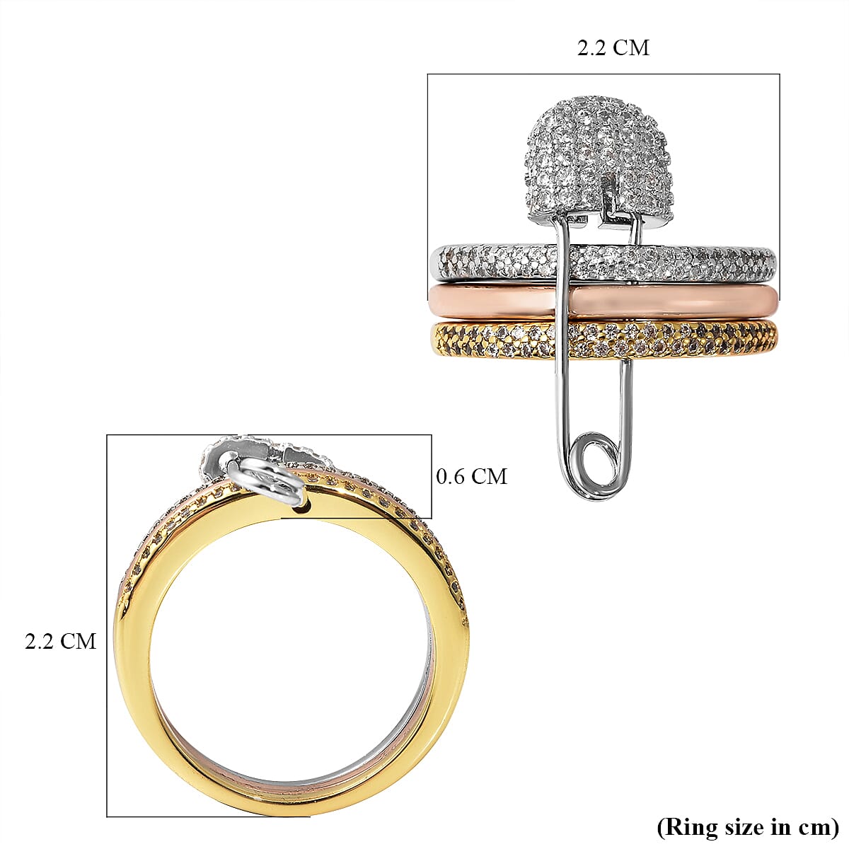 Set of 3 - Simulated Diamond Ring with Pin Hook in Tricolour Tone