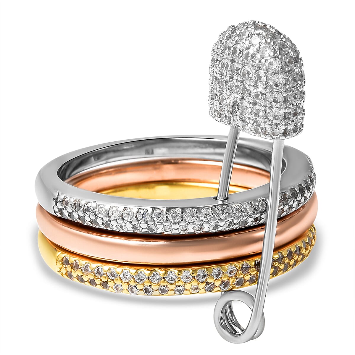 Set of 3 - Simulated Diamond Ring with Pin Hook in Tricolour Tone