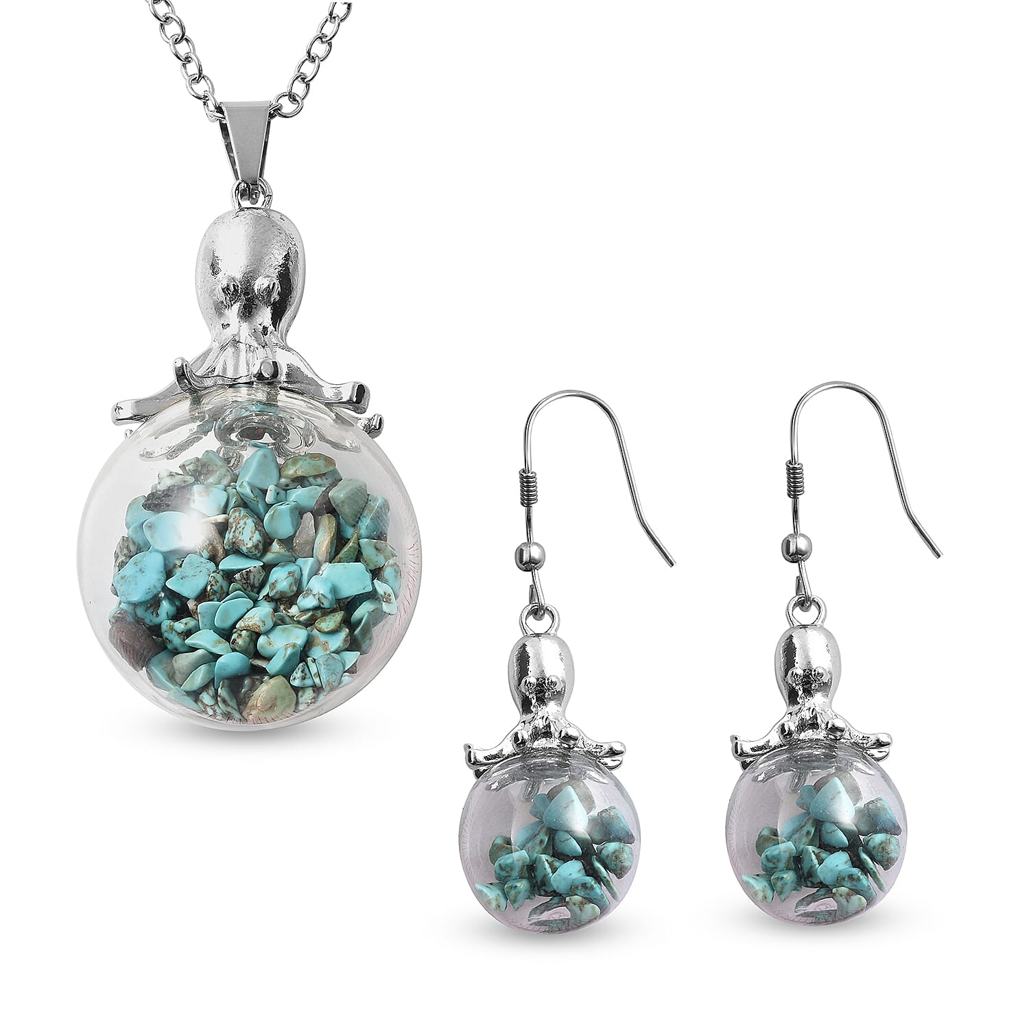 2 Piece Set - Blue Howlite Pendant with Chain (Size 24 with 2 inch Extender) and Drop Hook Earrings in Silver Tone