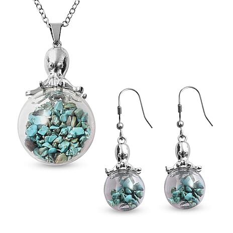 2 Piece Set - Blue Howlite Pendant with Chain (Size 24 with 2 inch Extender) and Drop Hook Earrings in Silver Tone