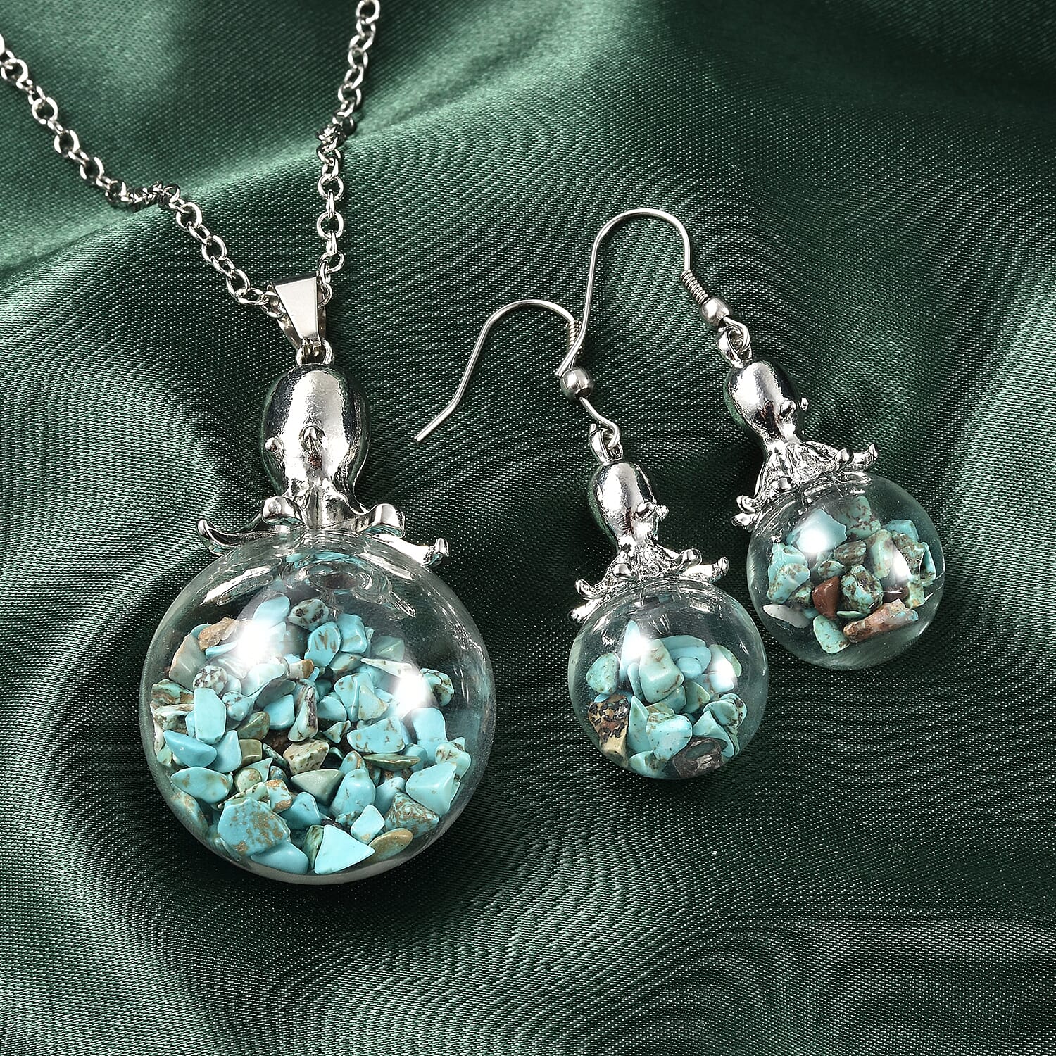 2 Piece Set - Blue Howlite Pendant with Chain (Size 24 with 2 inch Extender) and Drop Hook Earrings in Silver Tone