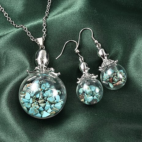2 Piece Set - Blue Howlite Pendant with Chain (Size 24 with 2 inch Extender) and Drop Hook Earrings in Silver Tone