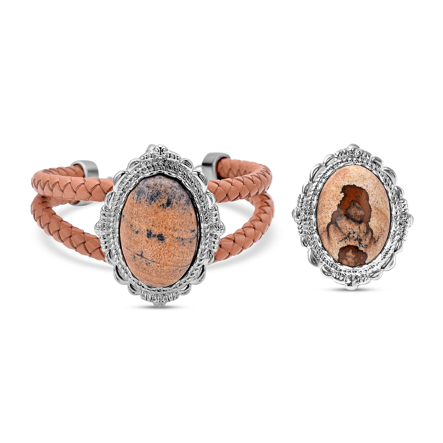 2 Piece Set - Pink Jasper Ring and Genuine Leather Bracelet (Size 7 With 2 Inch Extender) in Silver Tone 48.00 Ct.