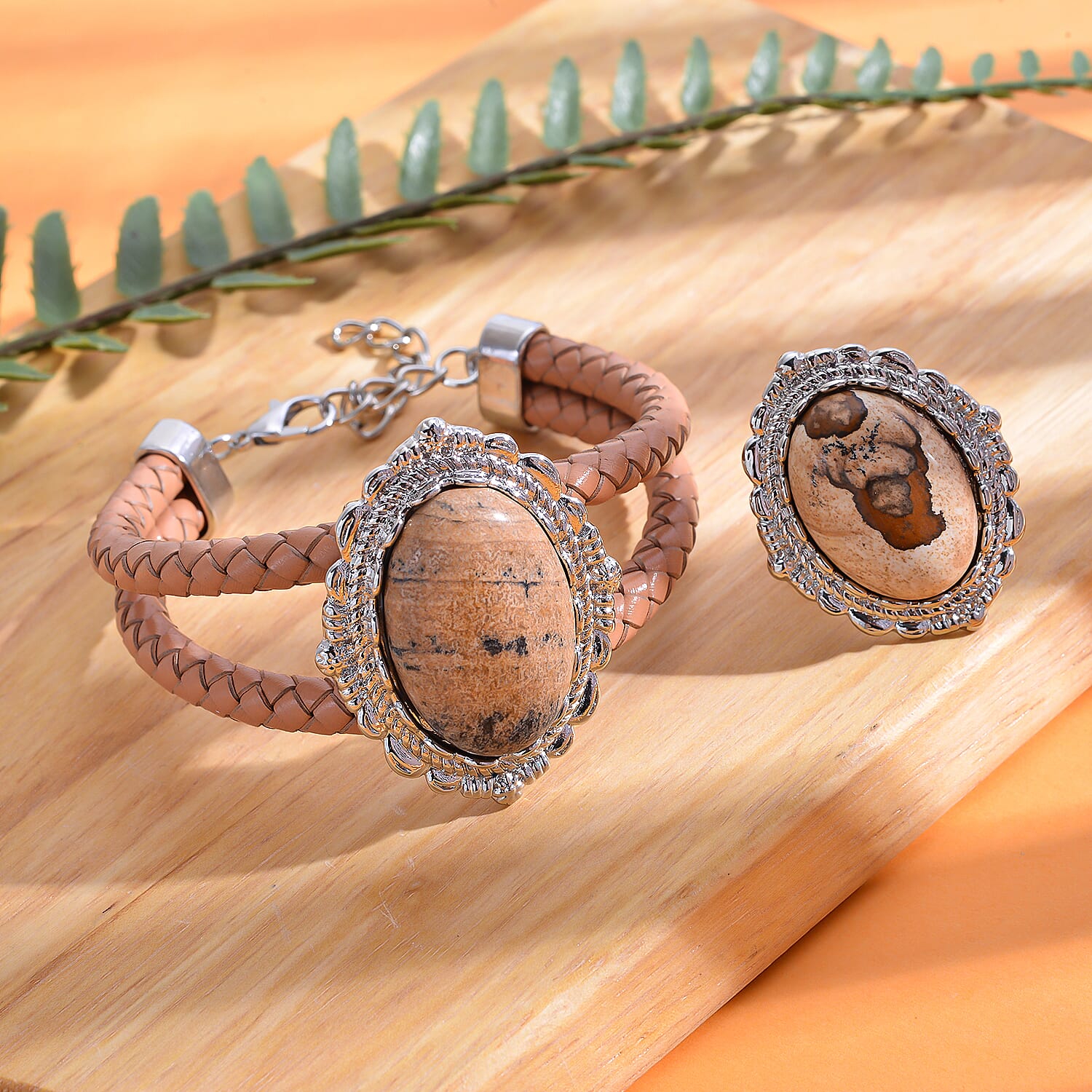 2 Piece Set - Pink Jasper Ring and Genuine Leather Bracelet (Size 7 With 2 Inch Extender) in Silver Tone 48.00 Ct.