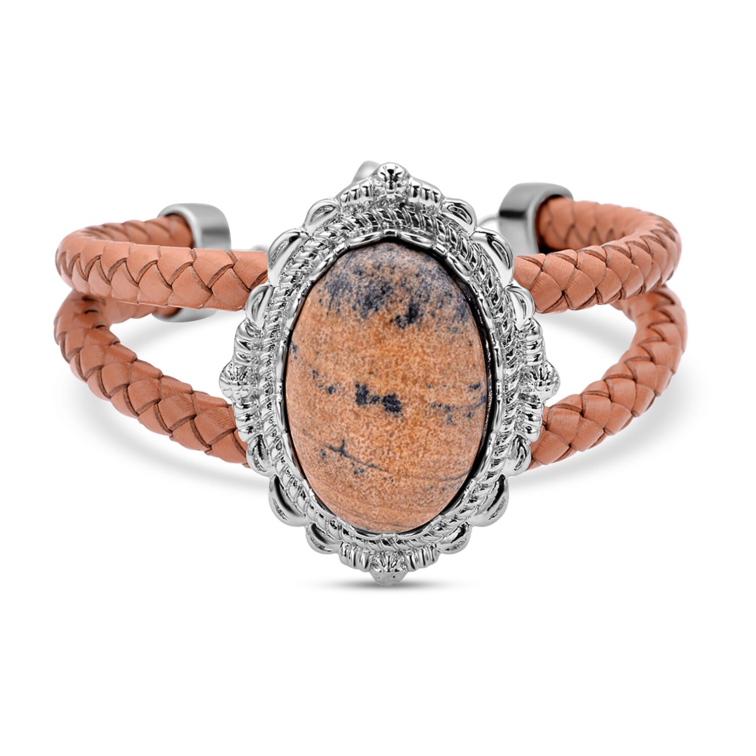 2 Piece Set - Pink Jasper Ring and Genuine Leather Bracelet (Size 7 With 2 Inch Extender) in Silver Tone 48.00 Ct.