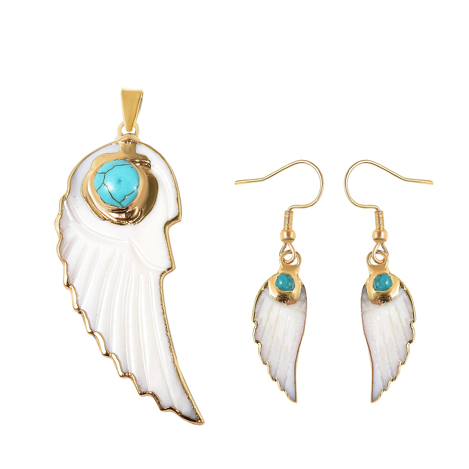 2 Piece Set - Blue Howlite and White Shell Pearl Angel Wing Pendant with Chain (Size 24 with 2 inch Extender) & Hook Earrings in Yellow Gold Tone