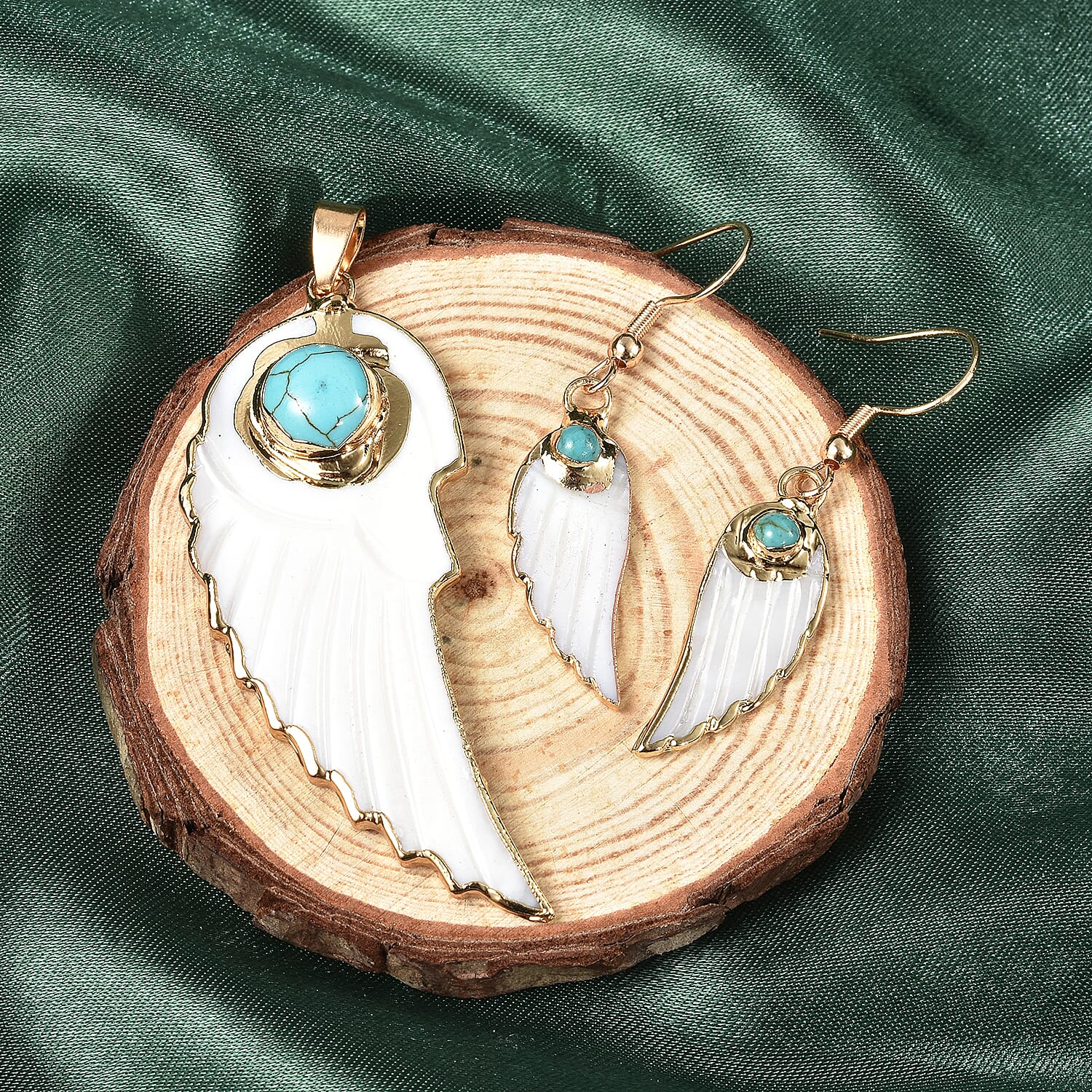 2 Piece Set - Blue Howlite and White Shell Pearl Angel Wing Pendant with Chain (Size 24 with 2 inch Extender) & Hook Earrings in Yellow Gold Tone
