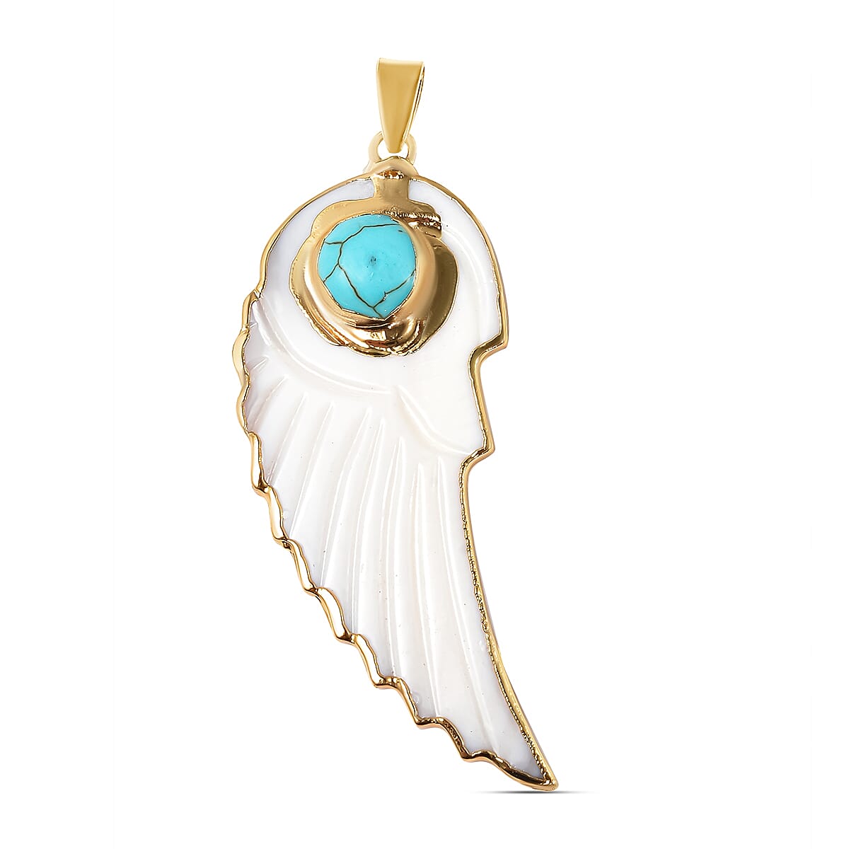 2 Piece Set - Blue Howlite and White Shell Pearl Angel Wing Pendant with Chain (Size 24 with 2 inch Extender) & Hook Earrings in Yellow Gold Tone