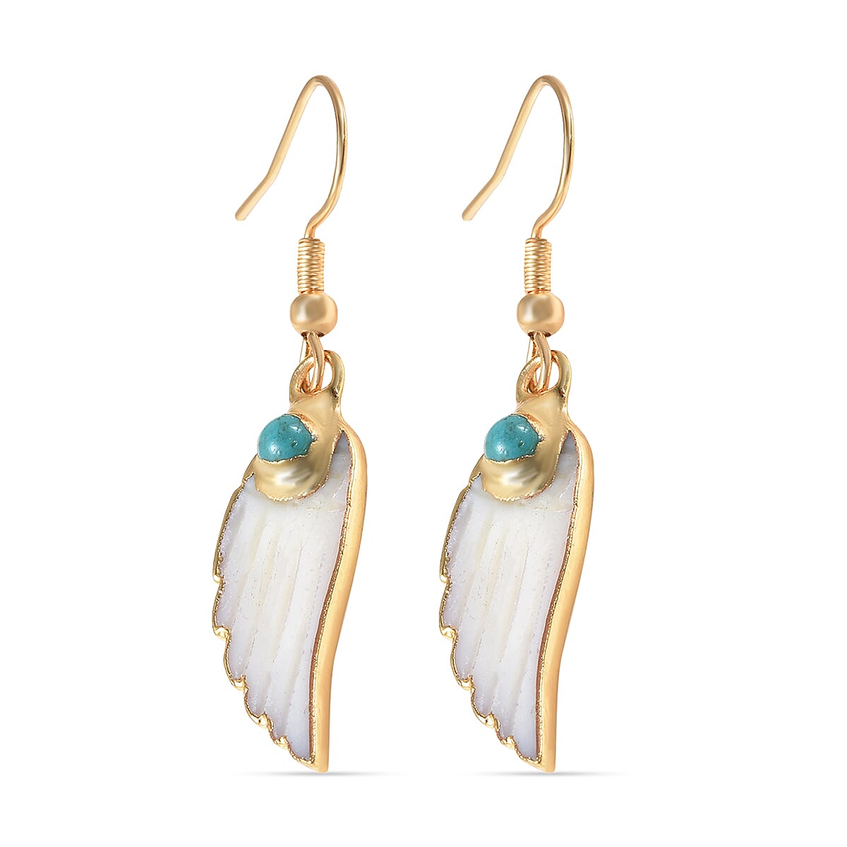 2 Piece Set - Blue Howlite and White Shell Pearl Angel Wing Pendant with Chain (Size 24 with 2 inch Extender) & Hook Earrings in Yellow Gold Tone