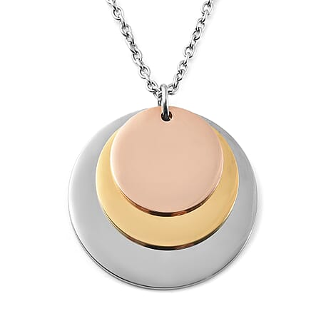 Triple Tone Round Charm Pendant with Chain in Silver Tone