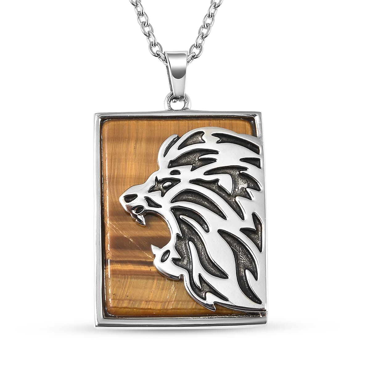 Yellow Tigers Eye Lion Pendant with Chain (Size 24) in Stainless Steel 38.70 Ct.